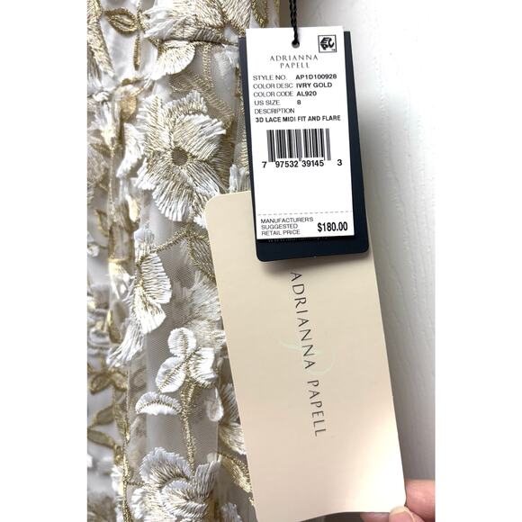 NWT Adrianna Papell 3D Lace Midi Fit & Flare Dress Size 8 Ivory Gold - Picture 9 of 14